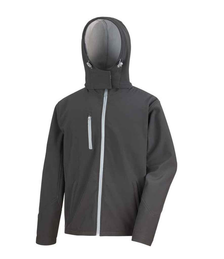 Result Core Hooded Soft Shell Jacket in Black Grey by Result Core — Custom branded clothing by Print Press, featuring premium embroidery produced in our specialist print lab in the UK.