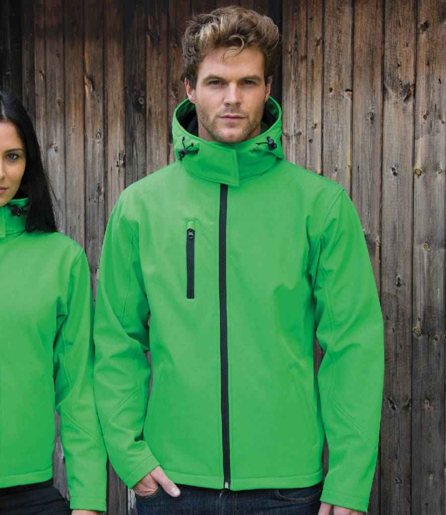 Result Core Hooded Soft Shell Jacket in Vivid Green Black by Result Core — Custom branded clothing by Print Press, featuring premium embroidery produced in our specialist print lab in the UK.
