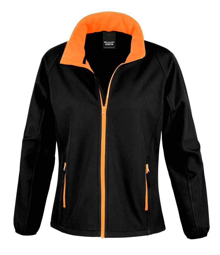 Result Core Ladies Printable Soft Shell Jacket in Black Orange by Result Core — Custom branded clothing by Print Press, featuring premium embroidery produced in our specialist print lab in the UK.