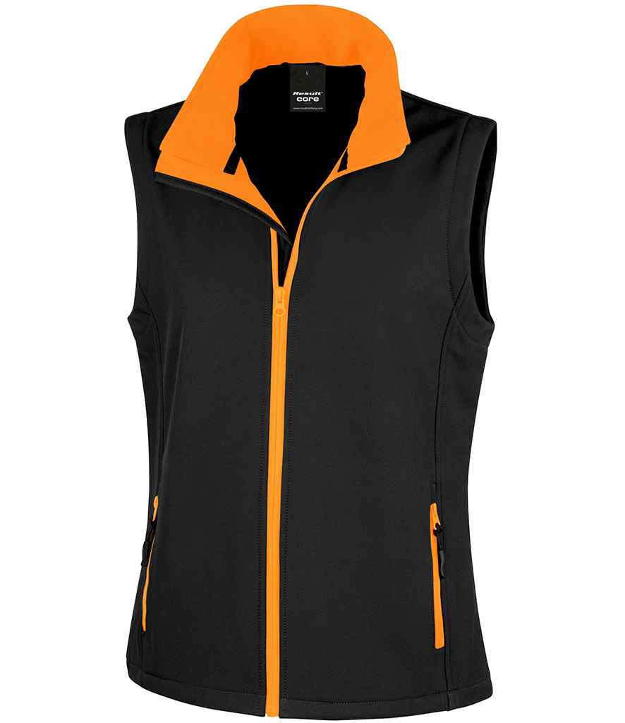 Result Core Ladies Printable Soft Shell Bodywarmer in Black Orange by Result Core — Custom branded clothing by Print Press, featuring premium embroidery produced in our specialist print lab in the UK.
