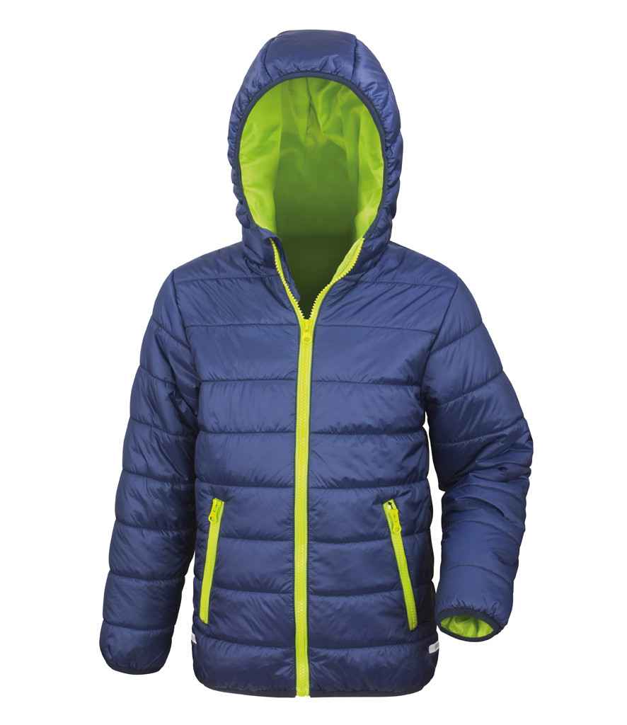 Result Core Kids Padded Jacket in Navy Lime Green by Result Core — Custom branded clothing by Print Press, featuring premium embroidery produced in our specialist print lab in the UK.