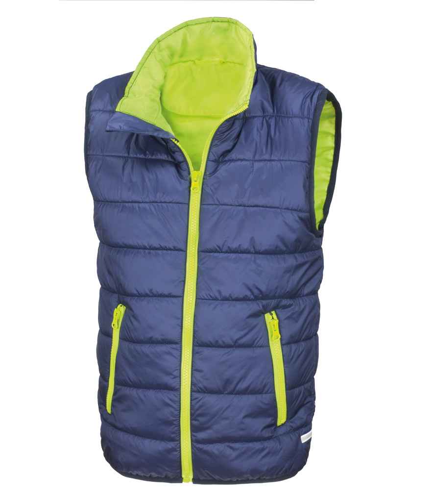 Result Core Kids Padded Bodywarmer in Navy Lime Green by Result Core — Custom branded clothing by Print Press, featuring premium embroidery produced in our specialist print lab in the UK.