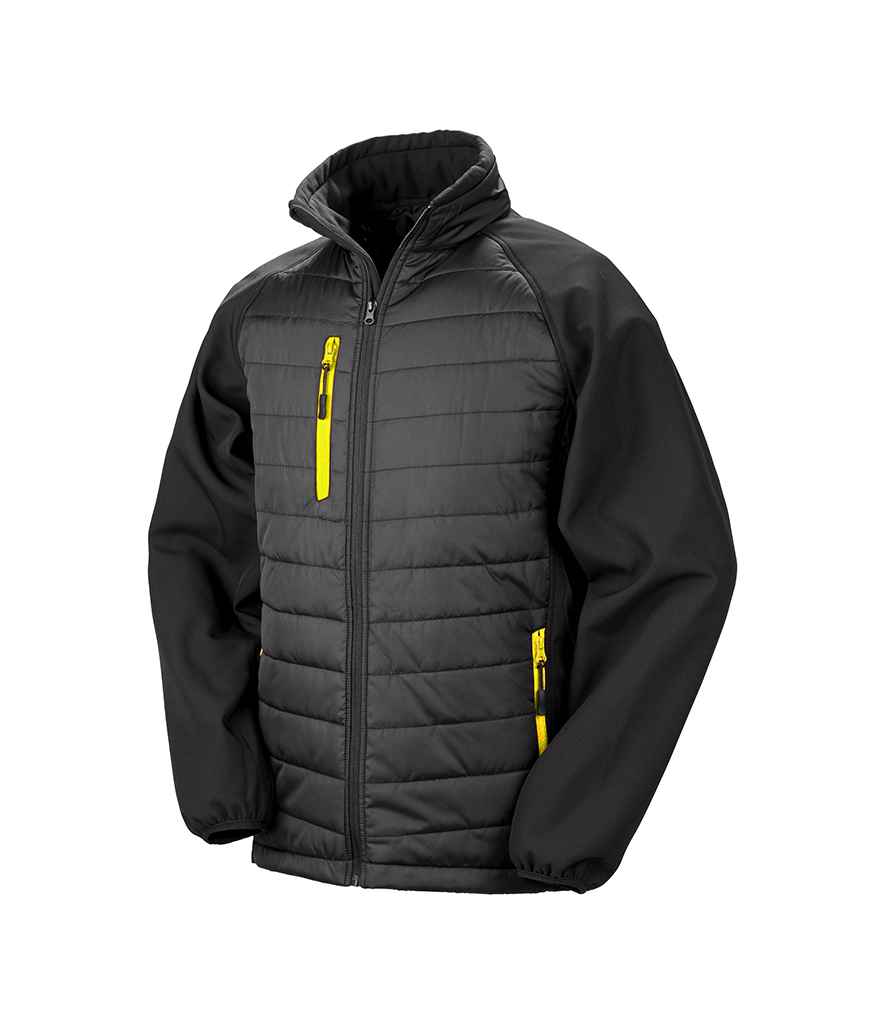 Result Genuine Recycled Black Compass Padded Jacket in Black Yellow by Result Genuine Recycled — Custom branded clothing by Print Press, featuring premium embroidery produced in our specialist print lab in the UK.