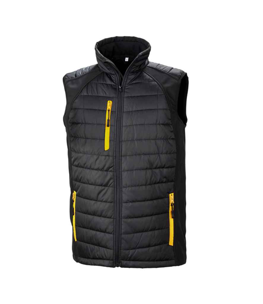 Result Genuine Recycled Black Compass Padded Gilet in Black Yellow by Result Genuine Recycled — Custom branded clothing by Print Press, featuring premium embroidery produced in our specialist print lab in the UK.