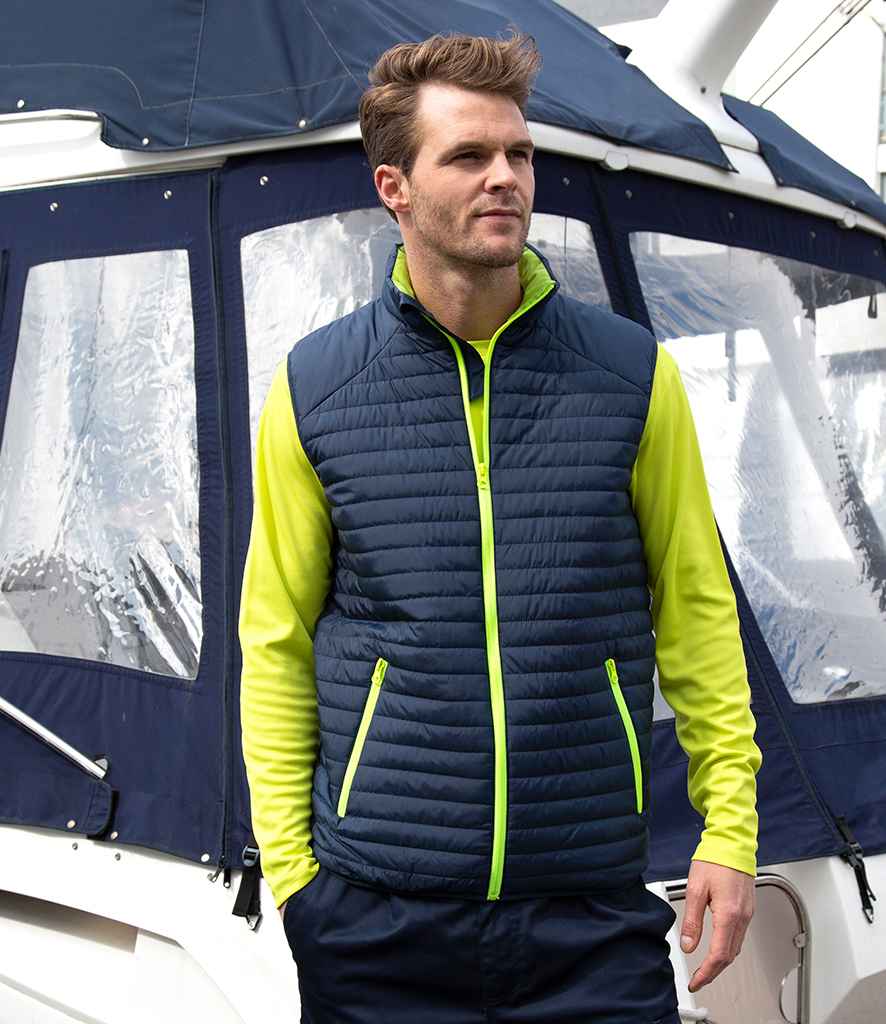 Result Genuine Recycled Thermoquilt Gilet in Navy Lime Green by Result Genuine Recycled — Custom branded clothing by Print Press, featuring premium embroidery produced in our specialist print lab in the UK.