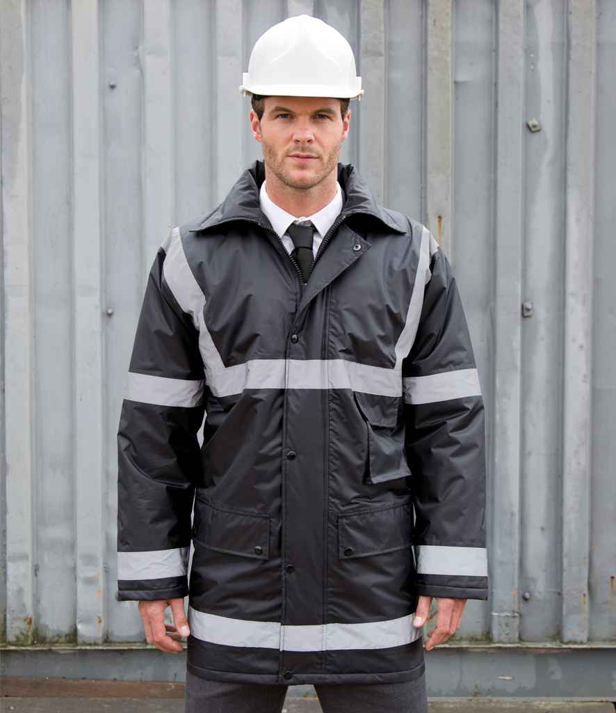 Result Work-Guard Management Coat in Black by Result Work-Guard — Custom branded clothing by Print Press, featuring premium embroidery produced in our specialist print lab in the UK.