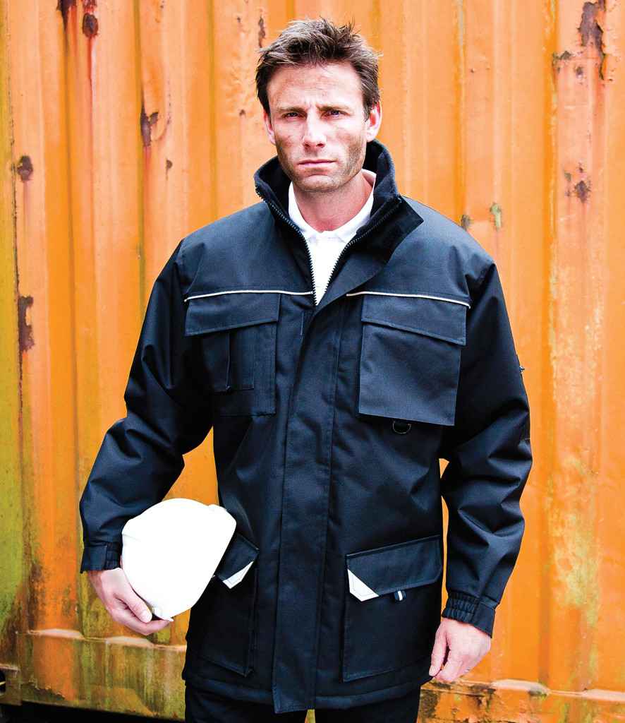 Result Work-Guard Sabre Long Coat in Navy by Result Work-Guard — Custom branded clothing by Print Press, featuring premium embroidery produced in our specialist print lab in the UK.