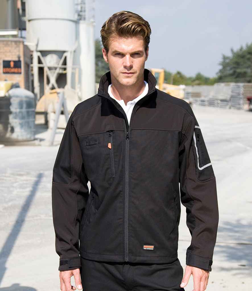 Result Work-Guard Sabre Soft Shell Jacket in Black by Result Work-Guard — Custom branded clothing by Print Press, featuring premium embroidery produced in our specialist print lab in the UK.