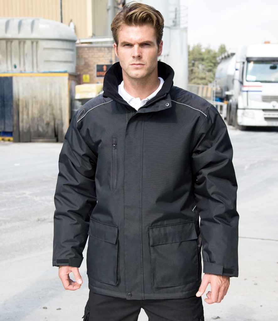 Result Work-Guard Vostex Long Coat in by Result Work-Guard — Custom branded clothing by Print Press, featuring premium embroidery produced in our specialist print lab in the UK.