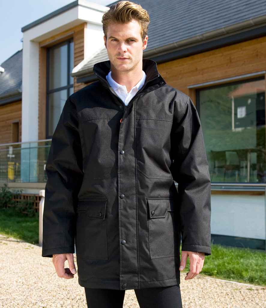 Result Work-Guard Platinum Managers Jacket in Black by Result Work-Guard — Custom branded clothing by Print Press, featuring premium embroidery produced in our specialist print lab in the UK.
