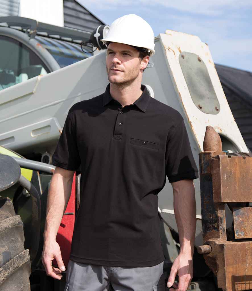 Result Work-Guard Apex Pocket Pique Polo Shirt in Black by Result Work-Guard — Custom branded clothing by Print Press, featuring premium embroidery produced in our specialist print lab in the UK.