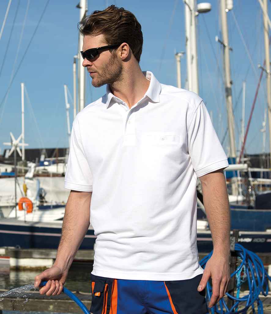 Result Work-Guard Apex Pocket Pique Polo Shirt in White by Result Work-Guard — Custom branded clothing by Print Press, featuring premium embroidery produced in our specialist print lab in the UK.