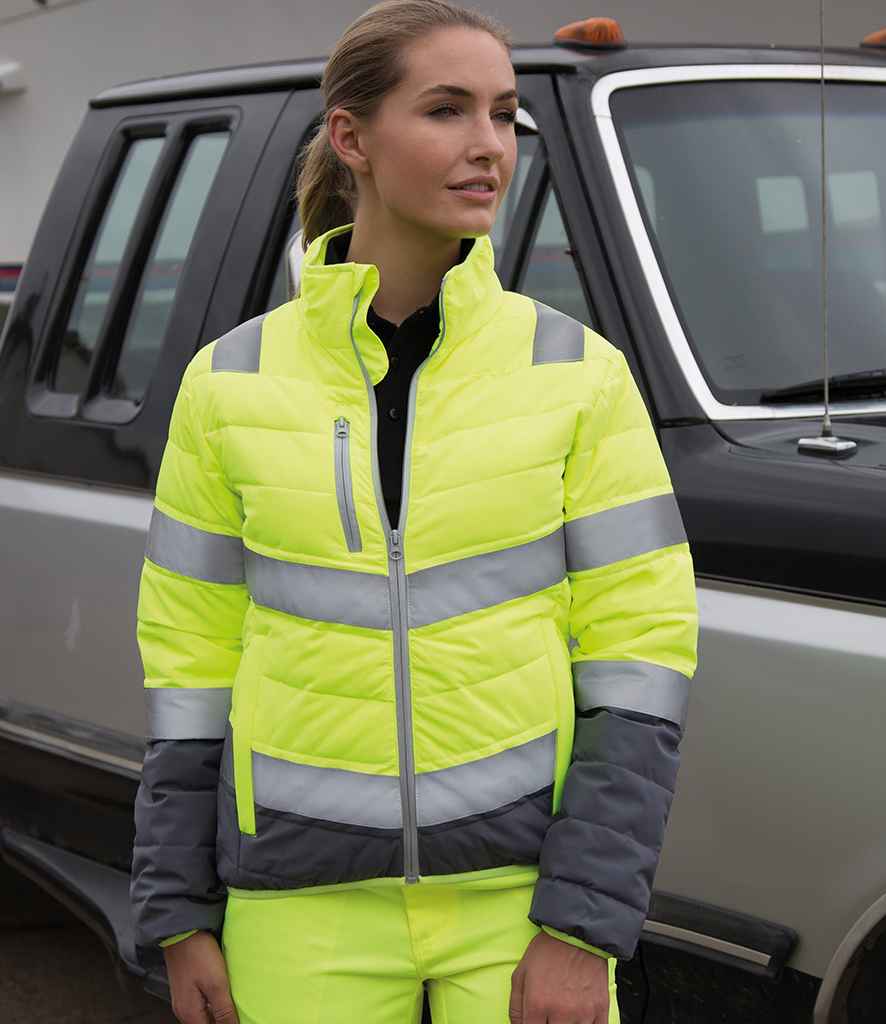 Result Safe-Guard Ladies Soft Safety Jacket in Fluorescent Yellow Grey by Result Safe-Guard — Custom branded clothing by Print Press, featuring premium embroidery produced in our specialist print lab in the UK.