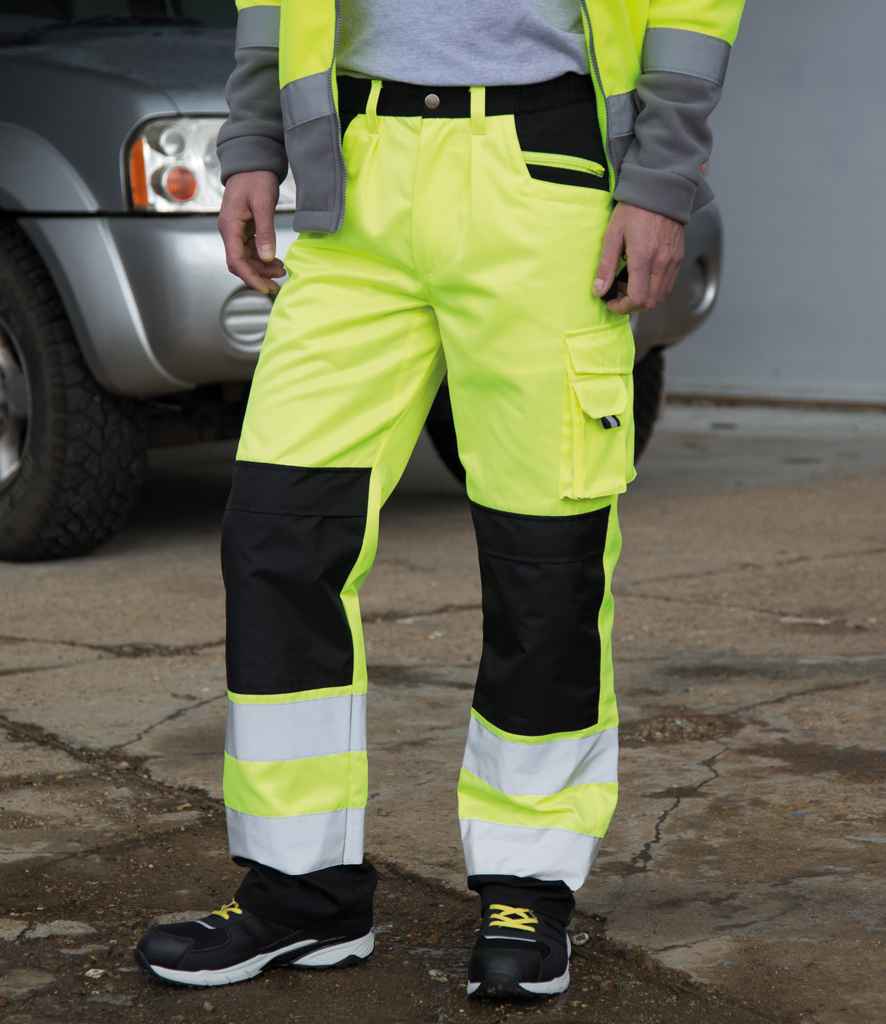 Result Safe-Guard Hi-Vis Cargo Trousers in Fluorescent Yellow by Result Safe-Guard — Custom branded clothing by Print Press, featuring premium embroidery produced in our specialist print lab in the UK.