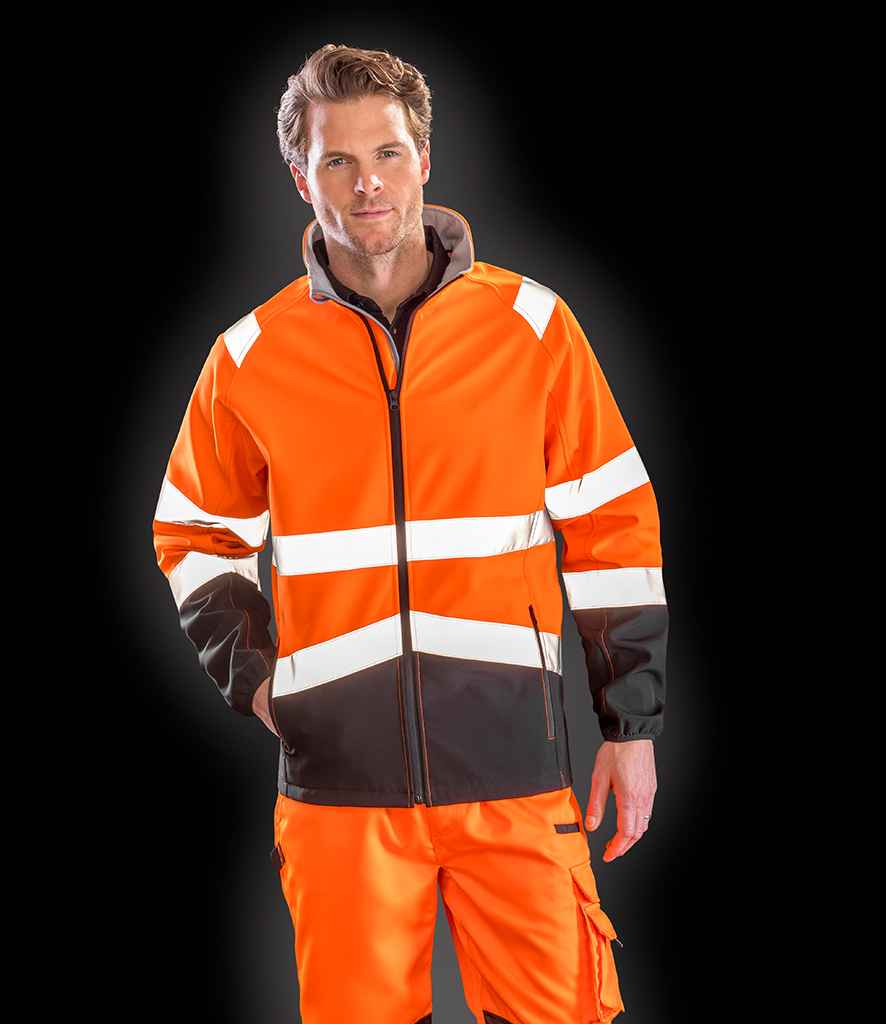 Result Safe-Guard Printable Safety Soft Shell Jacket in Fluorescent Orange Black by Result Safe-Guard — Custom branded clothing by Print Press, featuring premium embroidery produced in our specialist print lab in the UK.