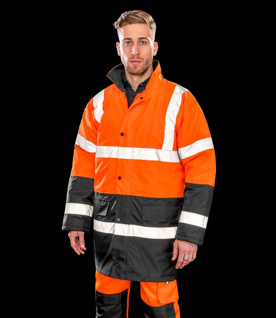 Result Core Motorway Two Tone Safety Jacket in Fluorescent Orange Black by Result Core — Custom branded clothing by Print Press, featuring premium embroidery produced in our specialist print lab in the UK.