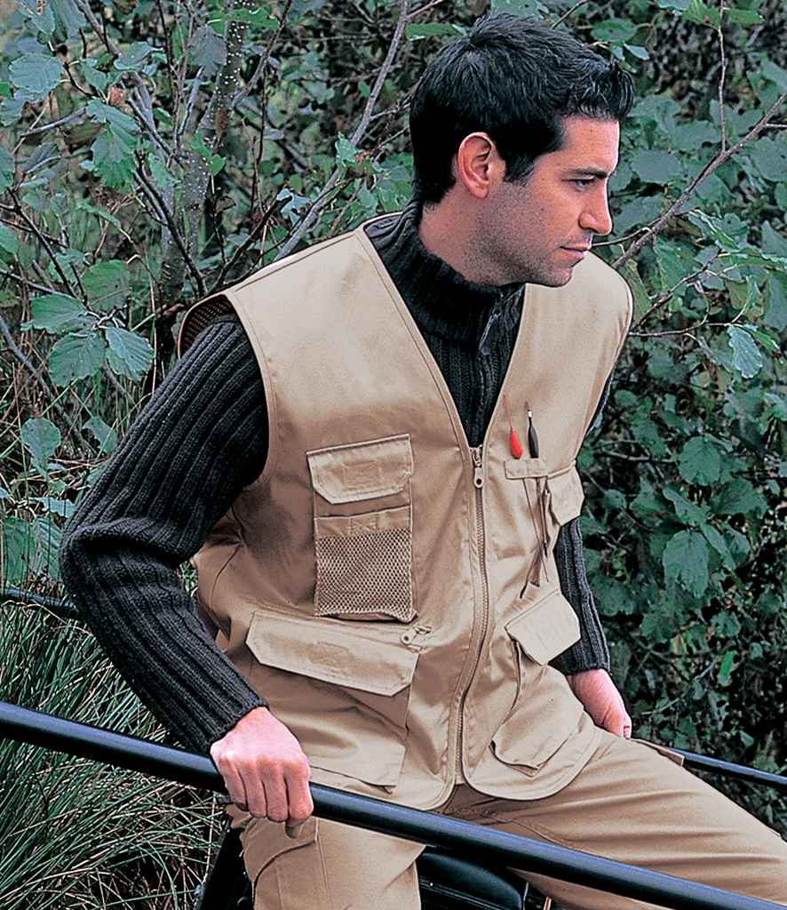 Result Work-Guard Safari Waistcoat in Camel by Result Work-Guard — Custom branded clothing by Print Press, featuring premium embroidery produced in our specialist print lab in the UK.