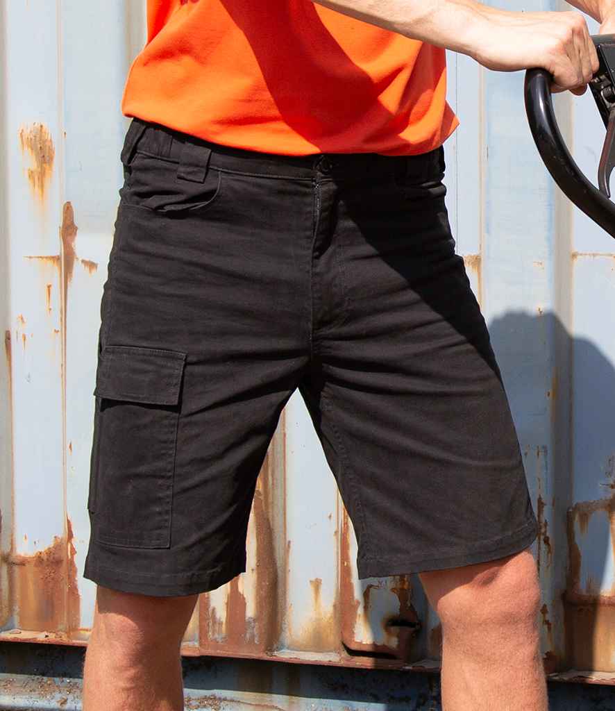 Result Work-Guard Stretch Slim Chino Shorts in Black by Result Work-Guard — Custom branded clothing by Print Press, featuring premium embroidery produced in our specialist print lab in the UK.