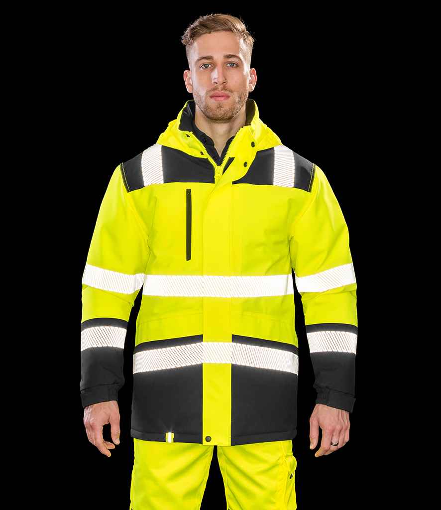 Result Safe-Guard Extreme Tech Printable Soft Shell Safety Jacket in Fluorescent Yellow Black by Result Safe-Guard — Custom branded clothing by Print Press, featuring premium embroidery produced in our specialist print lab in the UK.
