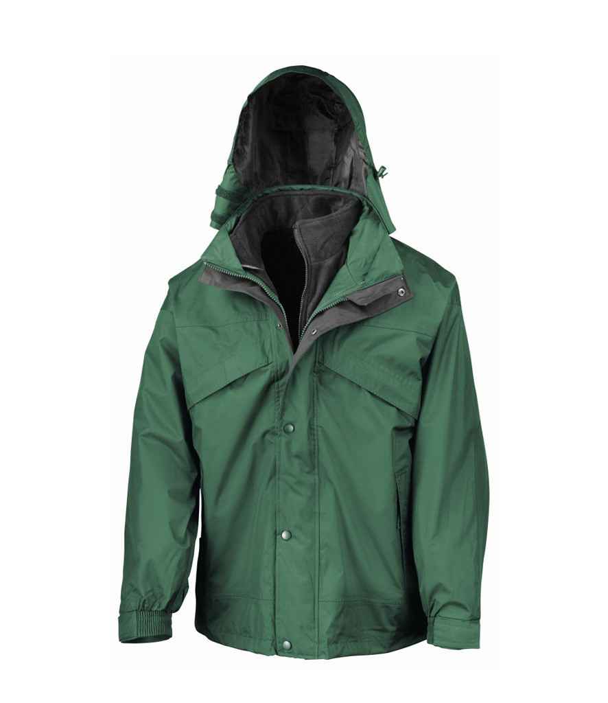 Result 3-in-1 Waterproof Zip and Clip Fleece Lined Jacket in Bottle Green Black by Result — Custom branded clothing by Print Press, featuring premium embroidery produced in our specialist print lab in the UK.