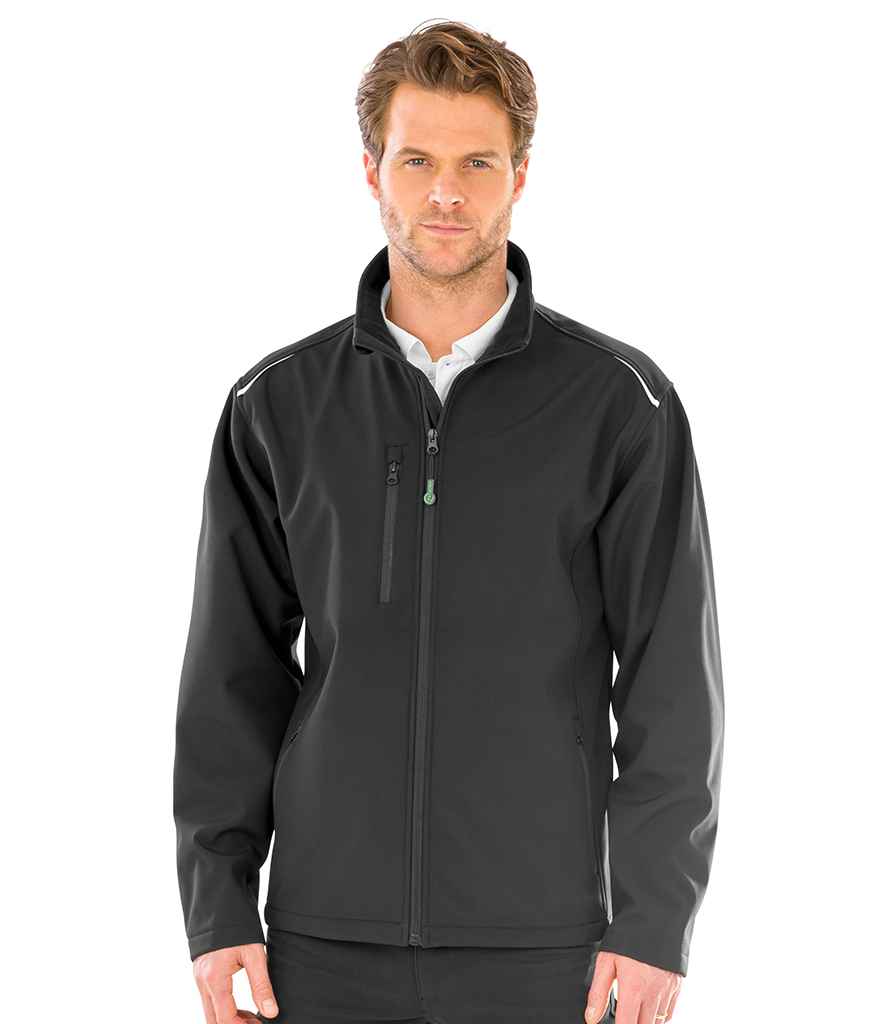 Result Genuine Recycled Three Layer Printable Soft Shell Jacket in Black by Result Genuine Recycled — Custom branded clothing by Print Press, featuring premium embroidery produced in our specialist print lab in the UK.