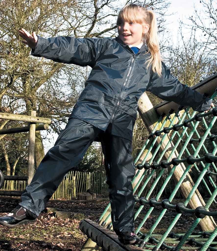 Result Kids Waterproof Jacket/Trouser Suit in Carry Bag in by Result — Custom branded clothing by Print Press, featuring premium embroidery produced in our specialist print lab in the UK.