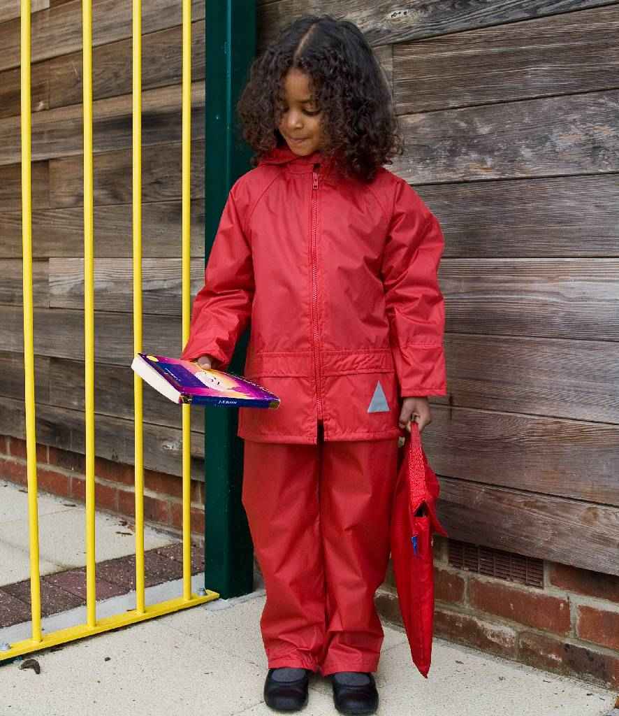 Result Kids Waterproof Jacket/Trouser Suit in Carry Bag in Red by Result — Custom branded clothing by Print Press, featuring premium embroidery produced in our specialist print lab in the UK.