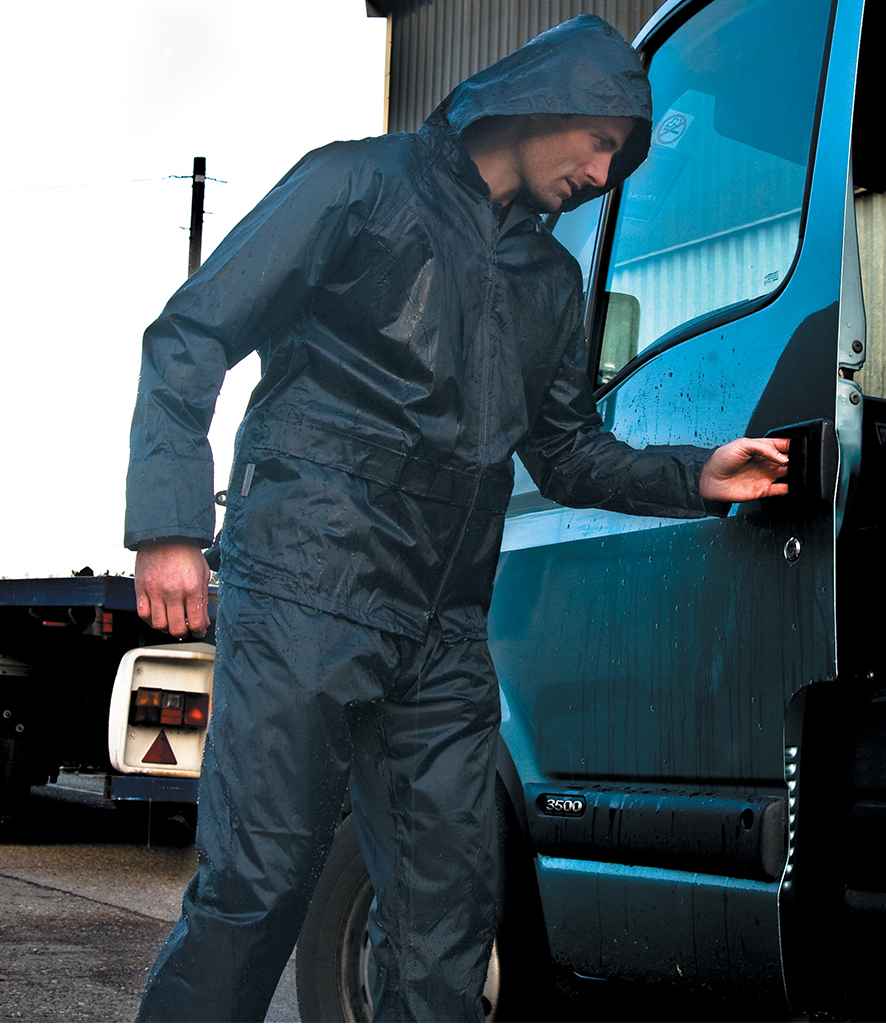 Result Waterproof Jacket/Trouser Suit in Carry Bag in Black by Result — Custom branded clothing by Print Press, featuring premium embroidery produced in our specialist print lab in the UK.