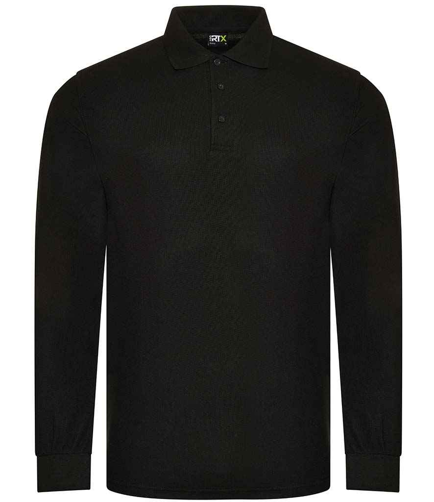 Pro RTX Pro Long Sleeve Pique Polo Shirt in Black by Pro RTX — Custom branded clothing by Print Press, featuring premium embroidery produced in our specialist print lab in the UK.