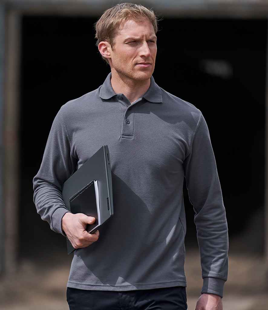 Pro RTX Pro Long Sleeve Pique Polo Shirt in Solid Grey by Pro RTX — Custom branded clothing by Print Press, featuring premium embroidery produced in our specialist print lab in the UK.