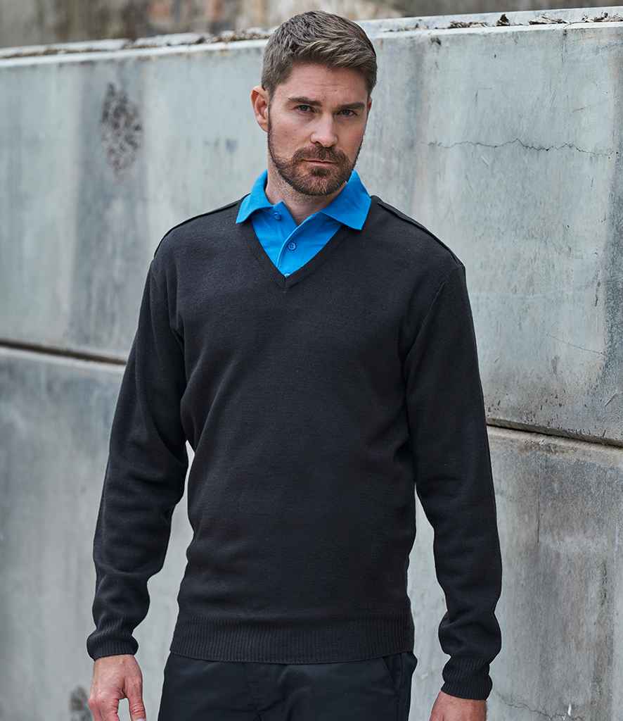 Pro RTX Pro Acrylic V Neck Sweater in Black by Pro RTX — Custom branded clothing by Print Press, featuring premium embroidery produced in our specialist print lab in the UK.