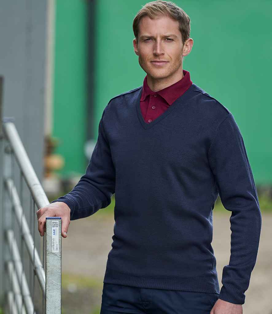 Pro RTX Pro Acrylic V Neck Sweater in Navy by Pro RTX — Custom branded clothing by Print Press, featuring premium embroidery produced in our specialist print lab in the UK.