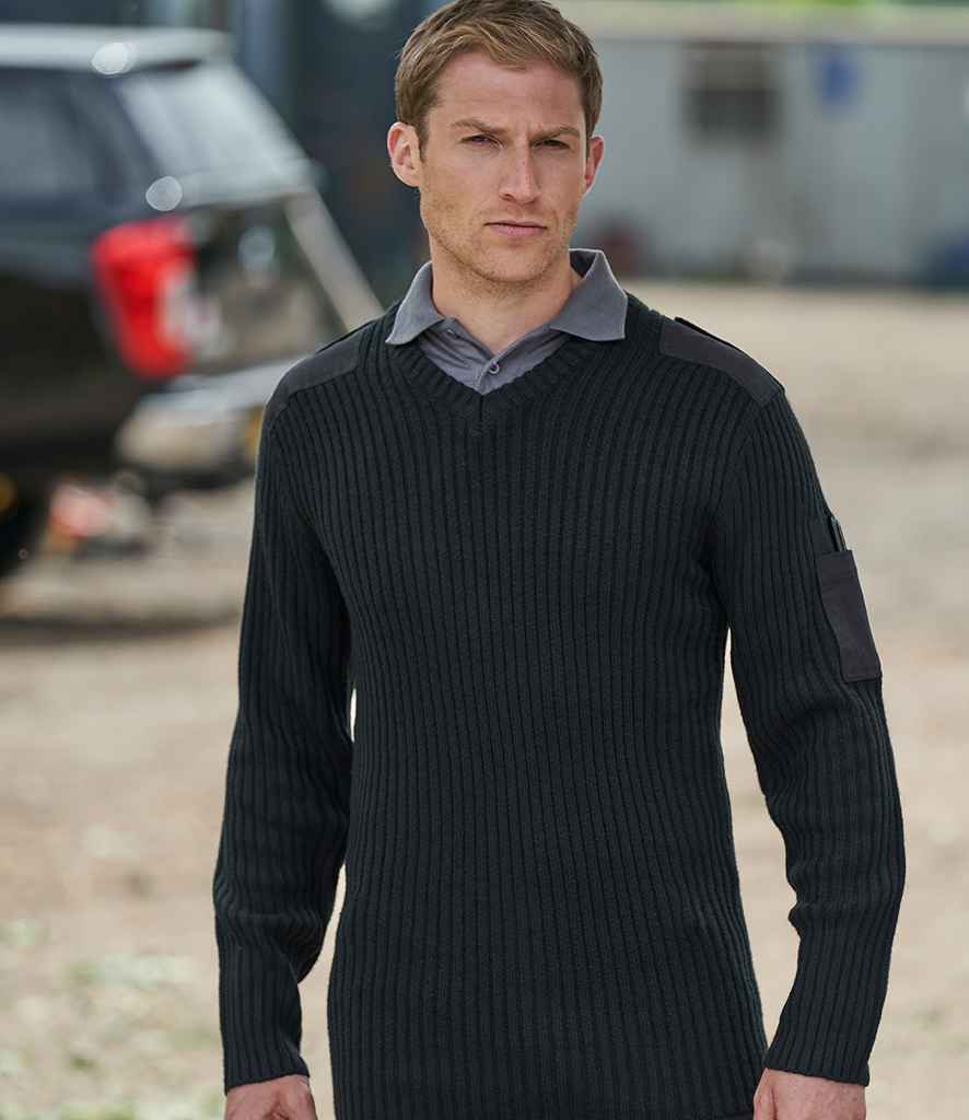 Pro RTX Pro Acrylic Security V Neck Sweater in Black by Pro RTX — Custom branded clothing by Print Press, featuring premium embroidery produced in our specialist print lab in the UK.