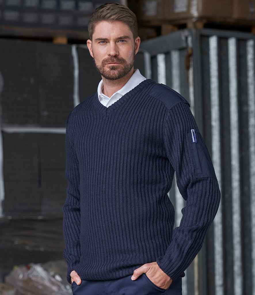 Pro RTX Pro Acrylic Security V Neck Sweater in Navy by Pro RTX — Custom branded clothing by Print Press, featuring premium embroidery produced in our specialist print lab in the UK.