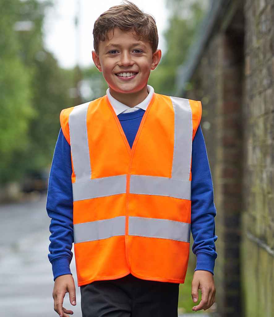Pro RTX High Visibility Kids Waistcoat in Orange by Pro RTX High Visibility — Custom branded clothing by Print Press, featuring premium embroidery produced in our specialist print lab in the UK.