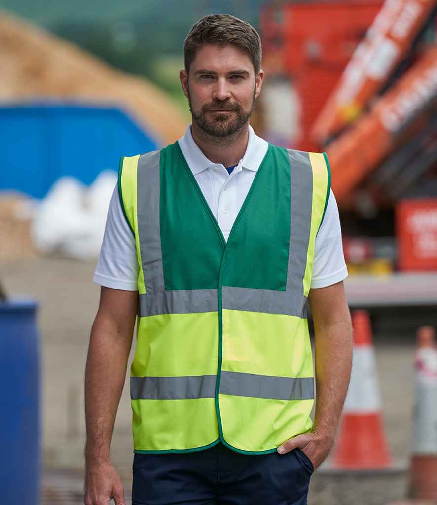 Pro RTX High Visibility Waistcoat in Yellow Paramedic Green by Pro RTX High Visibility — Custom branded clothing by Print Press, featuring premium embroidery produced in our specialist print lab in the UK.