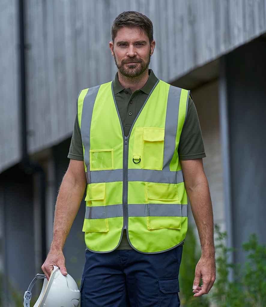 Pro RTX High Visibility Executive Waistcoat in Yellow by Pro RTX High Visibility — Custom branded clothing by Print Press, featuring premium embroidery produced in our specialist print lab in the UK.
