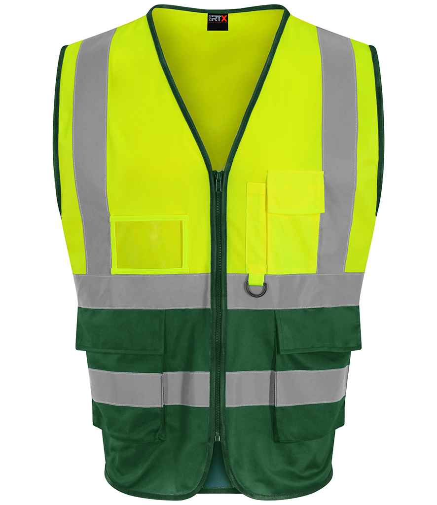 Pro RTX High Visibility Executive Waistcoat in Yellow Paramedic Green by Pro RTX High Visibility — Custom branded clothing by Print Press, featuring premium embroidery produced in our specialist print lab in the UK.
