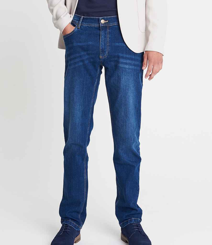 So Denim Mens Leo Straight Jeans in Dark Blue Wash by So Denim — Custom branded clothing by Print Press, featuring premium embroidery produced in our specialist print lab in the UK.