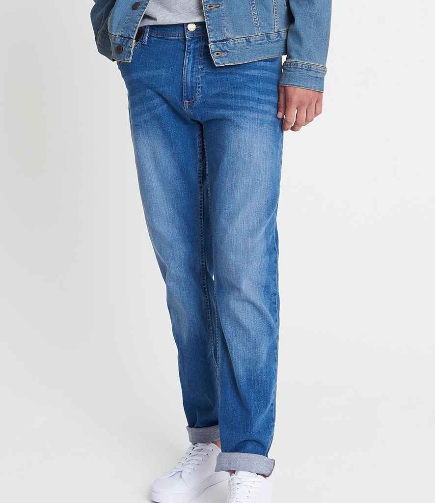 So Denim Mens Leo Straight Jeans in Mid Blue Wash by So Denim — Custom branded clothing by Print Press, featuring premium embroidery produced in our specialist print lab in the UK.