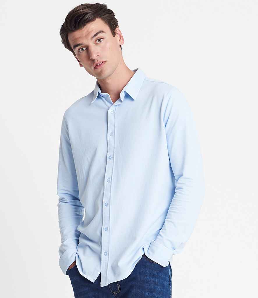 So Denim Oscar Knitted Long Sleeve Shirt in Blue by So Denim — Custom branded clothing by Print Press, featuring premium embroidery produced in our specialist print lab in the UK.