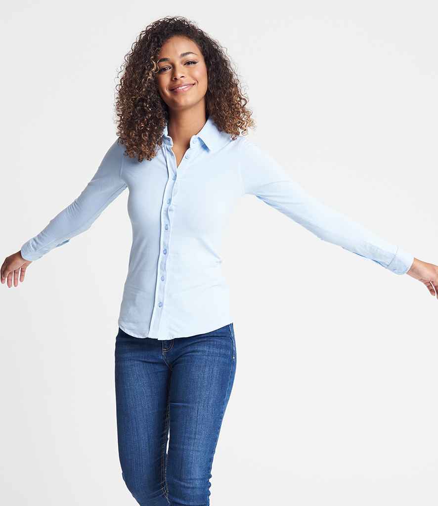 So Denim Anna Knitted Long Sleeve Shirt in Blue by So Denim — Custom branded clothing by Print Press, featuring premium embroidery produced in our specialist print lab in the UK.