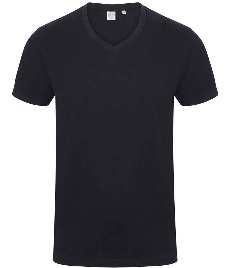 SF Men Feel Good Stretch V Neck T-Shirt in Navy by SF — Custom branded clothing by Print Press, featuring premium embroidery produced in our specialist print lab in the UK.