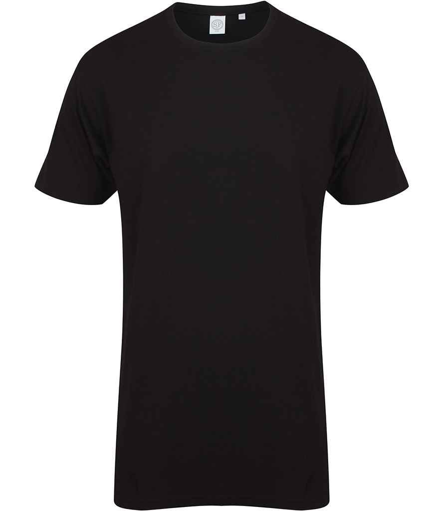 SF Men Longline Dipped Hem T-Shirt in Black by SF — Custom branded clothing by Print Press, featuring premium embroidery produced in our specialist print lab in the UK.