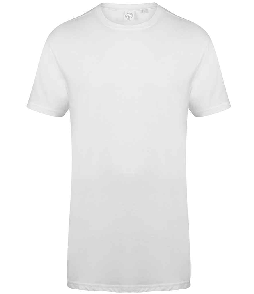 SF Men Longline Dipped Hem T-Shirt in by SF — Custom branded clothing by Print Press, featuring premium embroidery produced in our specialist print lab in the UK.