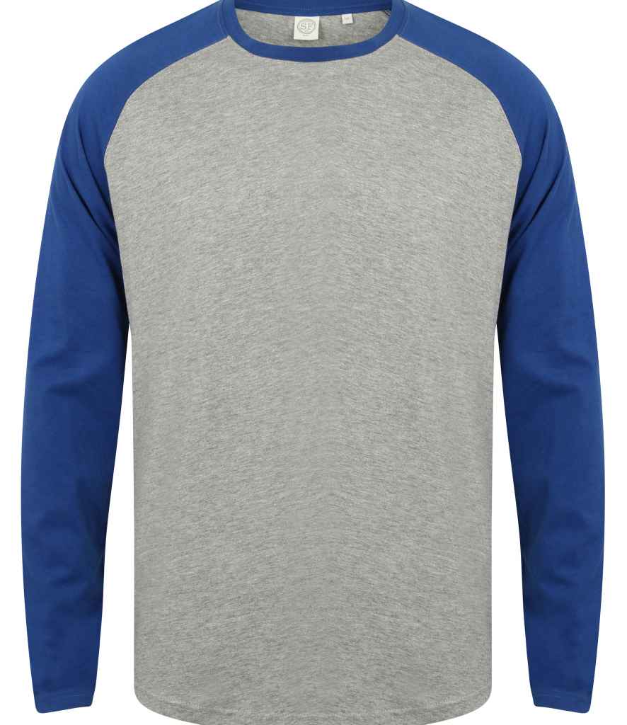 SF Men Long Sleeve Baseball T-Shirt in Heather Grey Royal Blue by SF — Custom branded clothing by Print Press, featuring premium embroidery produced in our specialist print lab in the UK.