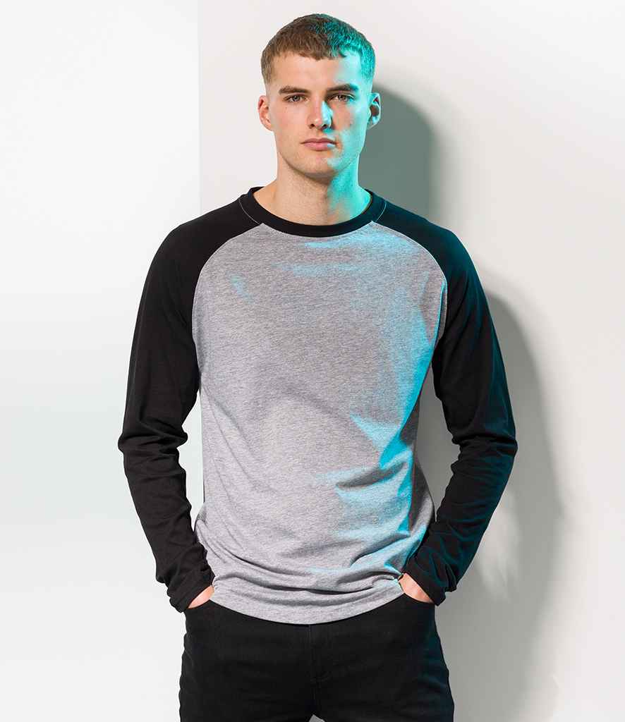 SF Men Long Sleeve Baseball T-Shirt in Heather Grey Black by SF — Custom branded clothing by Print Press, featuring premium embroidery produced in our specialist print lab in the UK.