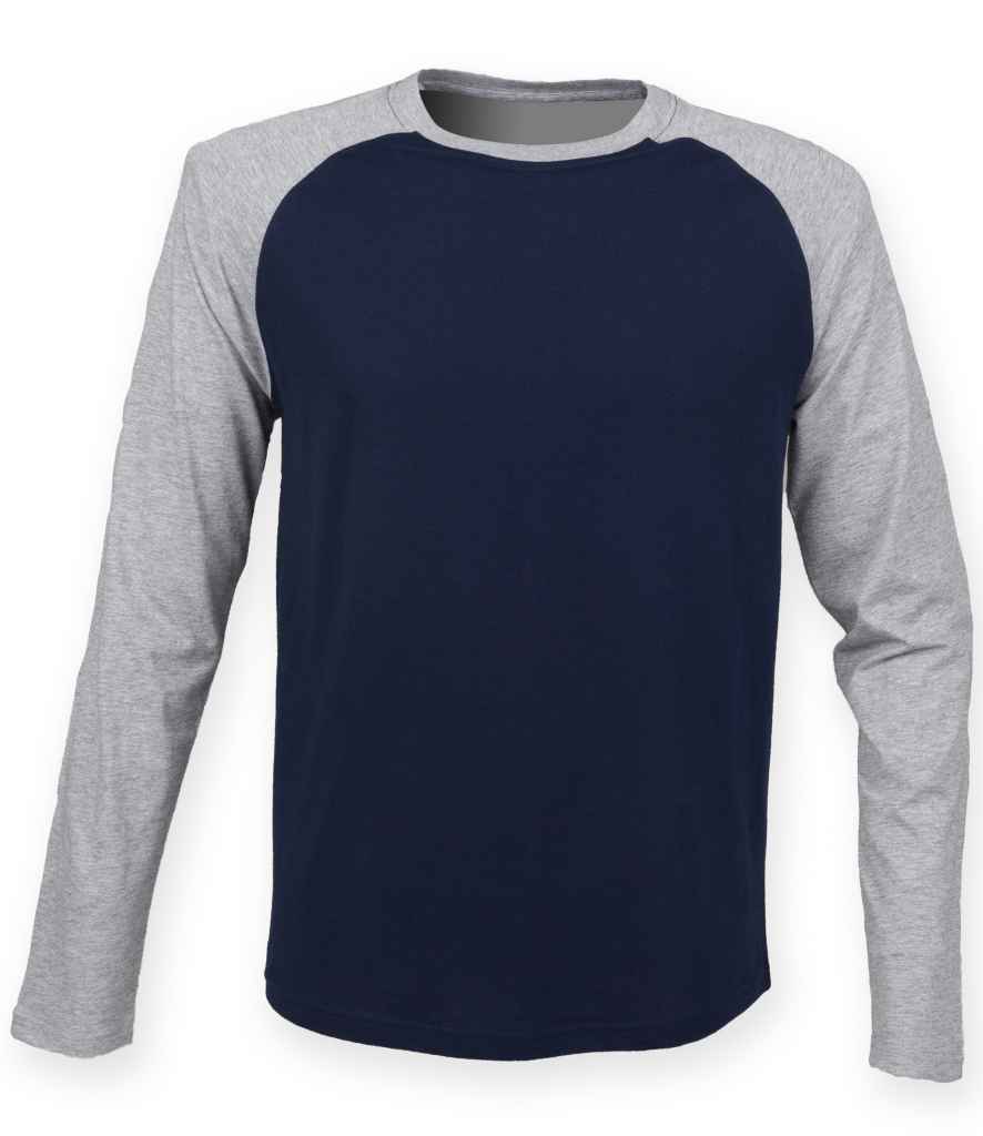 SF Men Long Sleeve Baseball T-Shirt in Oxford Navy Heather Grey by SF — Custom branded clothing by Print Press, featuring premium embroidery produced in our specialist print lab in the UK.