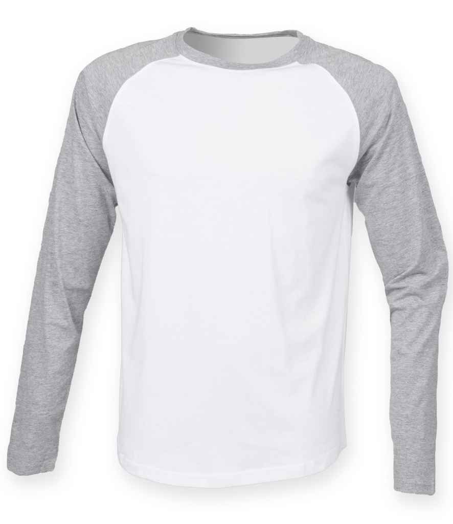 SF Men Long Sleeve Baseball T-Shirt in White Heather Grey by SF — Custom branded clothing by Print Press, featuring premium embroidery produced in our specialist print lab in the UK.