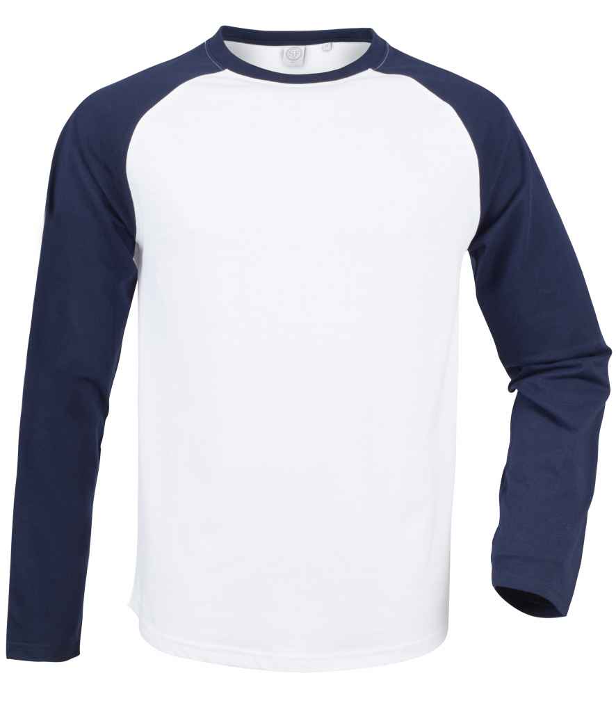 SF Men Long Sleeve Baseball T-Shirt in by SF — Custom branded clothing by Print Press, featuring premium embroidery produced in our specialist print lab in the UK.